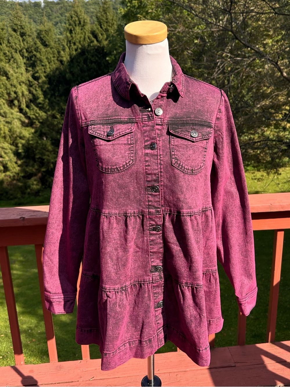 LOGO by Lori Goldstein Button Front Denim Shirt Jacket Mineral Wash Plum NWT